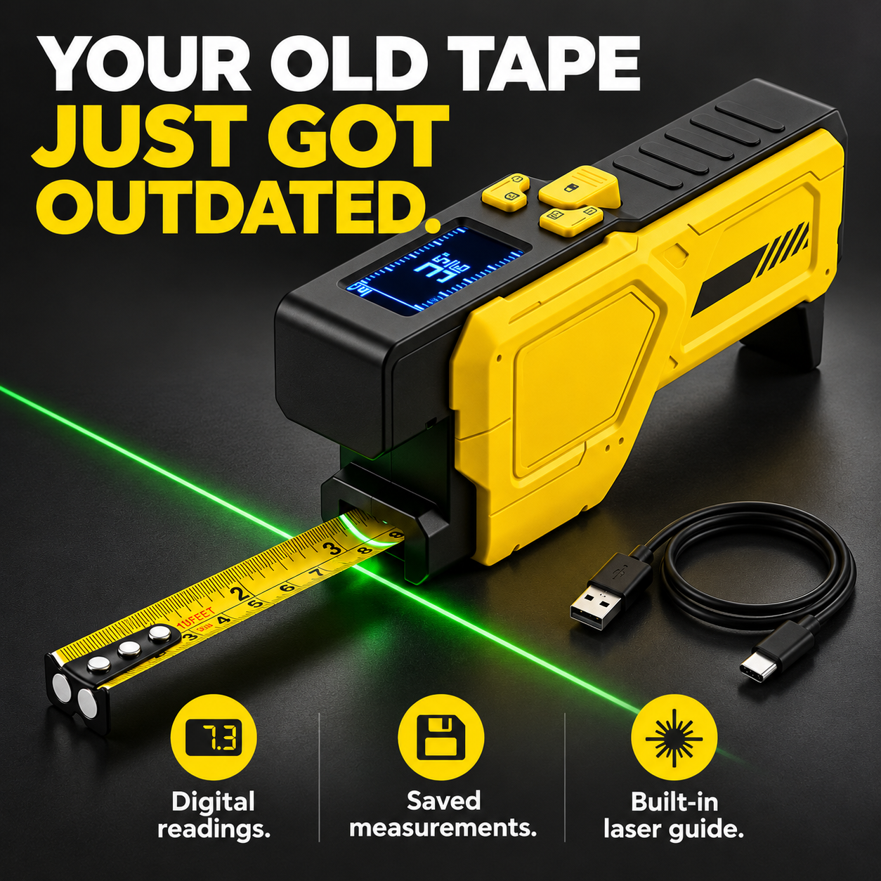 RELMORA SmartMeasure Digital Tape Measure + Laser Guide